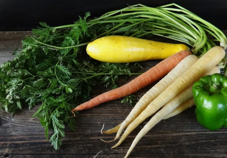 Fresh carrots, parsnips, squash, and bell pepper.